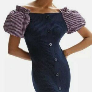Anthropologie Maeve Puff-Sleeved Mini Dress Navy Mixed Media Sz M